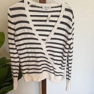 Madewell Cream and Black Striped V-Neck Sweater